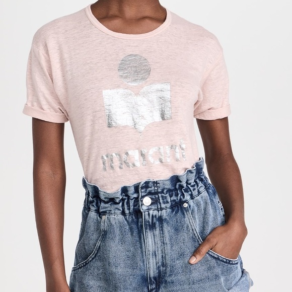 ISABEL MARANT ÉTOILE Metallic-logo Linen T-shirt Pale pink | Small - Picture 1 of 8